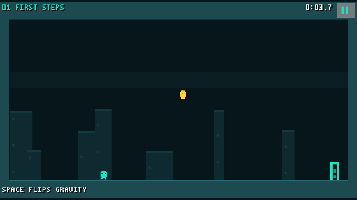 Flipside: a small robot running across an industrial room with a battery floating above and an exit door ahead