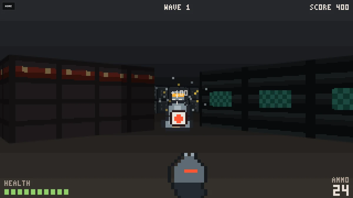 Raybase: a grey robot with an amber visor advancing down a corridor toward the gun, a score popup and kill sparks around it